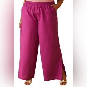 Ashley Stewart Pants Sz 18 Wooden Button Detailed Linen Blend Wide Leg Flare